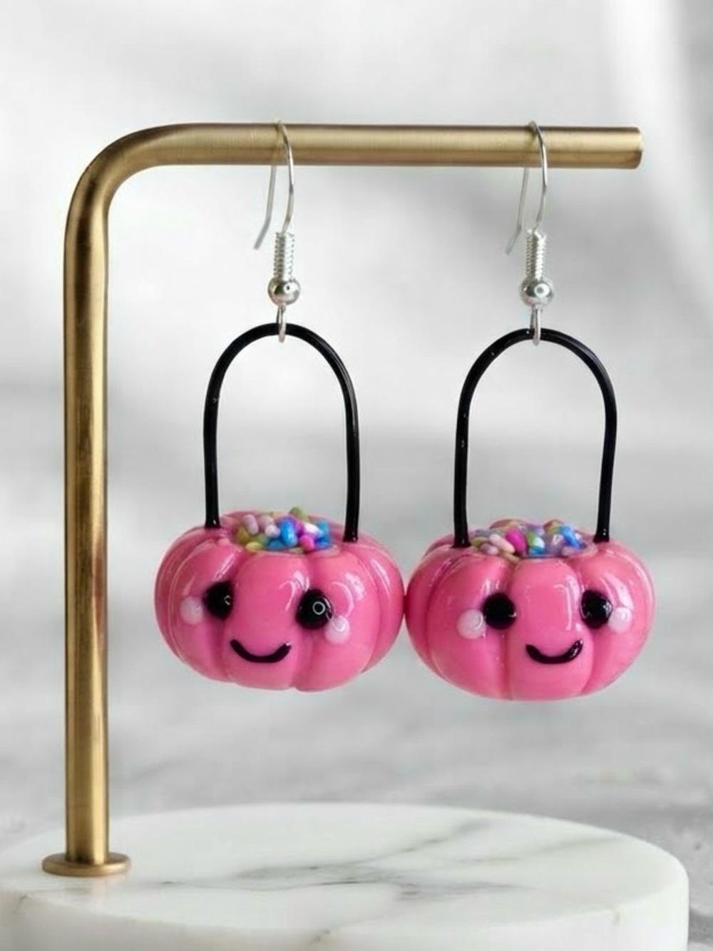 Pink Halloween Pumpkin Trick-or-Treat Basket - Handmade Earrings